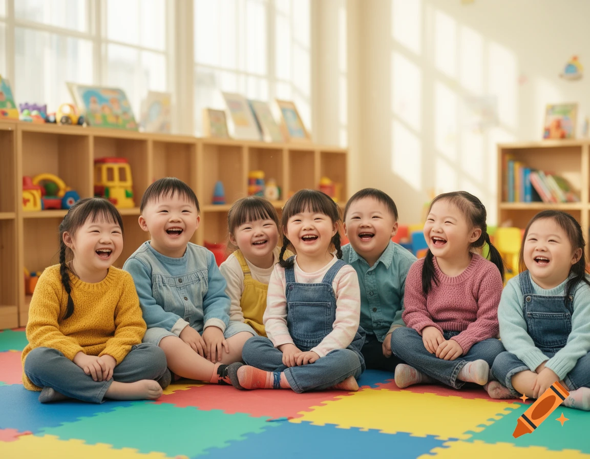 Seven happy Asian children with wide smiles laugh while sitting on a colorful playmat in a brightly lit classroom.