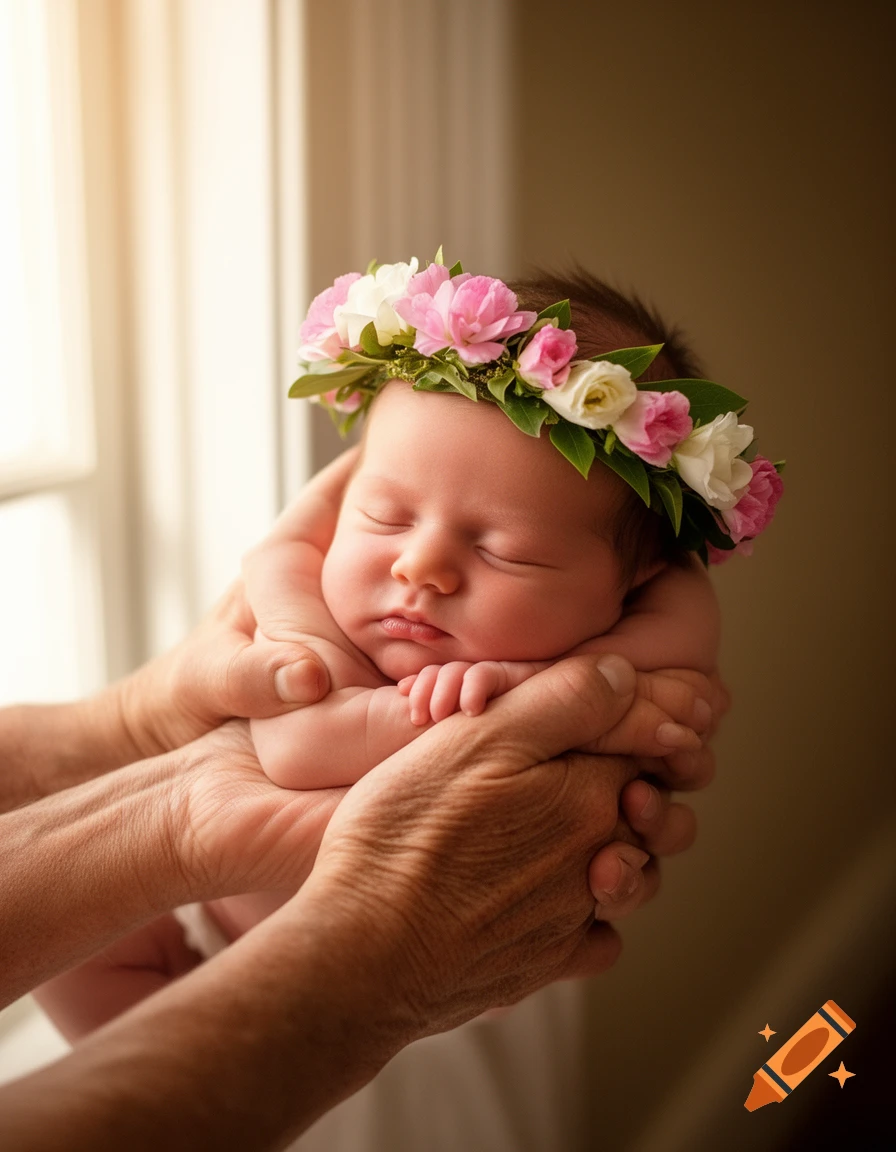 A sleeping newborn baby wears a pink and white floral crown, cradled gently in an adult's hands. The scene is softly lit.