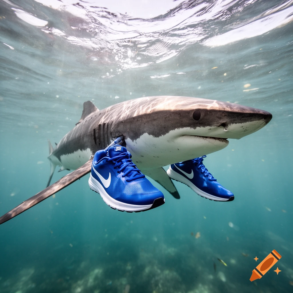 A photorealistic image of a shark swimming underwater, wearing bright blue Nike sneakers on its pectoral fins.