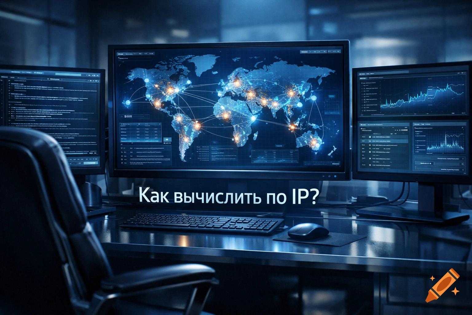 A dark desk with three computer monitors displaying a world map with glowing connections, data graphs, and code, with the overlay text 'How to calculate by IP?'