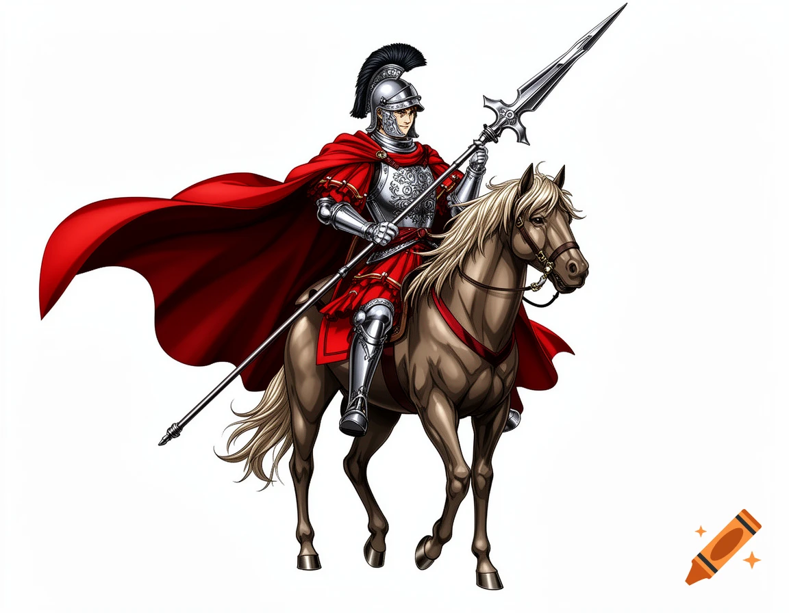 Anime knight in red cape and steel armor riding a horse, holding a halberd on a white background.