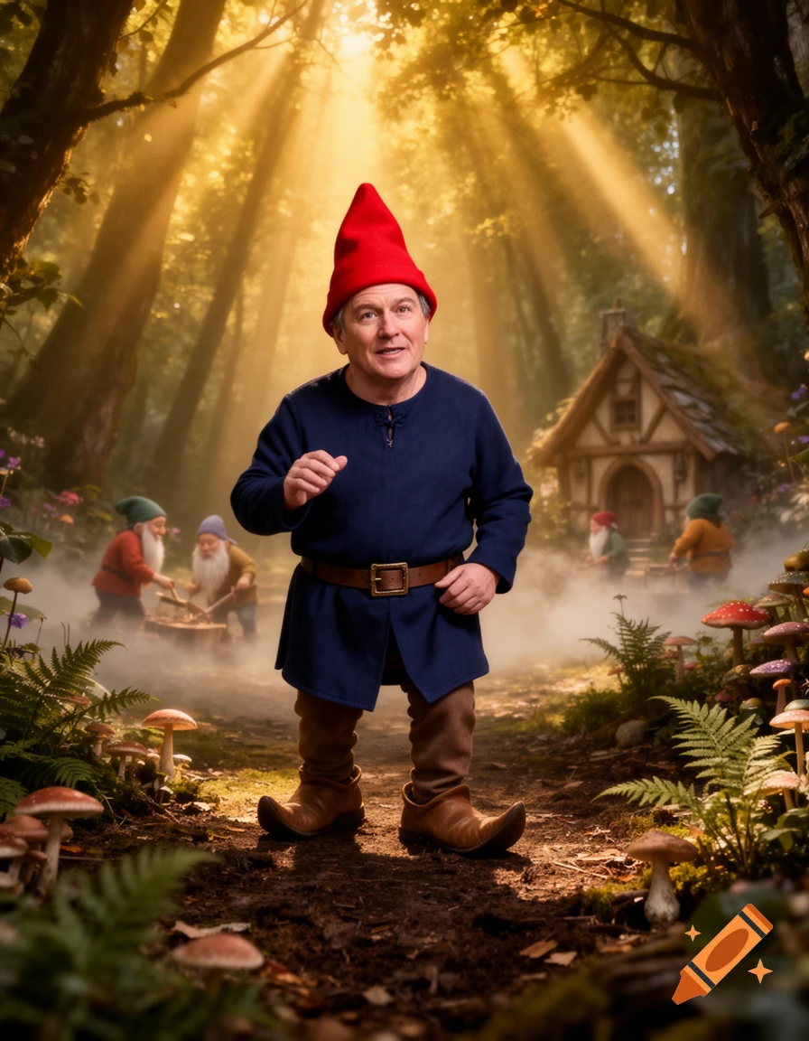 Photorealistic image of Keir Starmer as a gnome in a red hat and blue tunic, standing in a magical sunlit forest with other gnomes and a cottage.