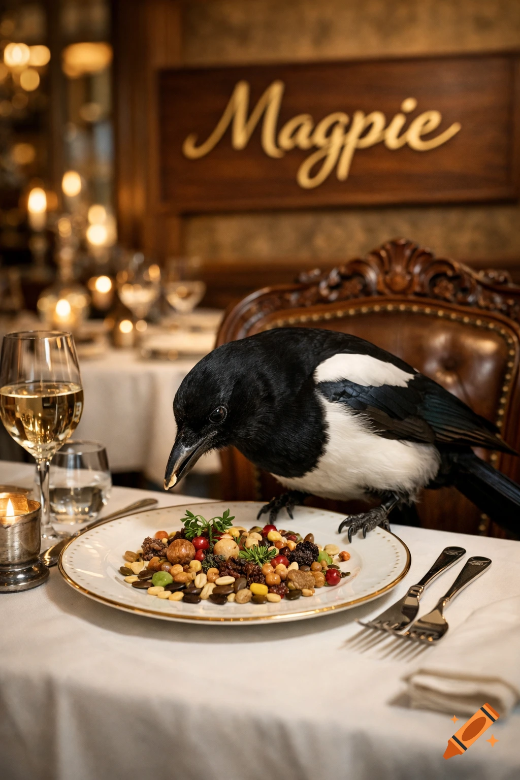 A magpie pecking at a fancy meal of nuts and berries on a white tablecloth in a dimly lit restaurant called Magpie.