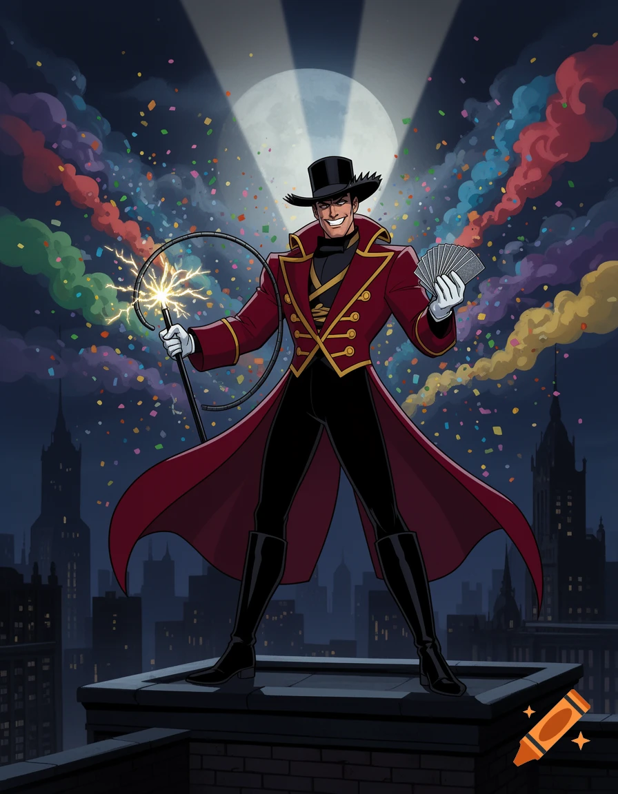 A charismatic comic-book-style ringmaster villain in a crimson coat stands on a Gotham rooftop at night, holding a sparking whip and playing cards amid confetti.