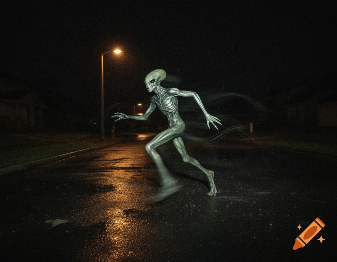 A grainy, photorealistic image of a grey alien with motion blur running ...