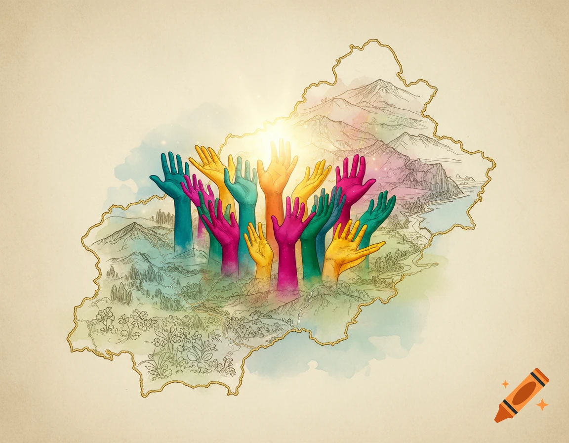 Watercolor and sketch illustration of the map of Cantabria with multicolored hands reaching up from a landscape.