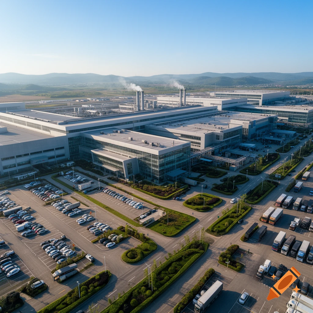 Aerial view of a sprawling industrial facility with modern buildings, large parking lots, and trucks under a clear sky.