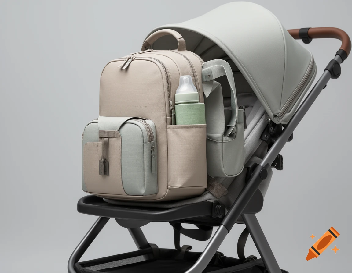 A beige and light grey baby backpack, with a soft green baby bottle in a side pocket, attached to a light grey stroller.