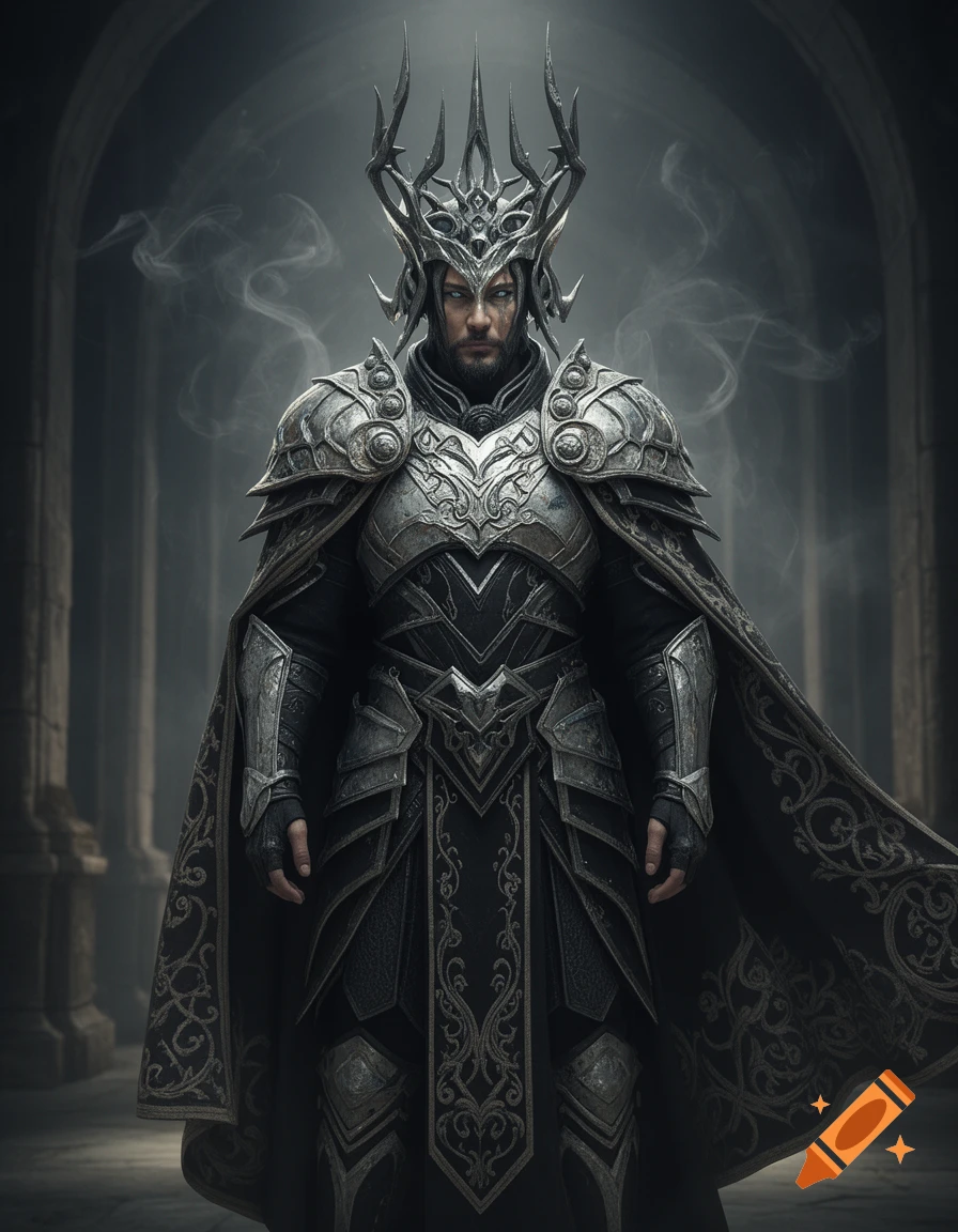 A man in ornate, dark fantasy armor and a horned crown stands in a smoky, dark hall.