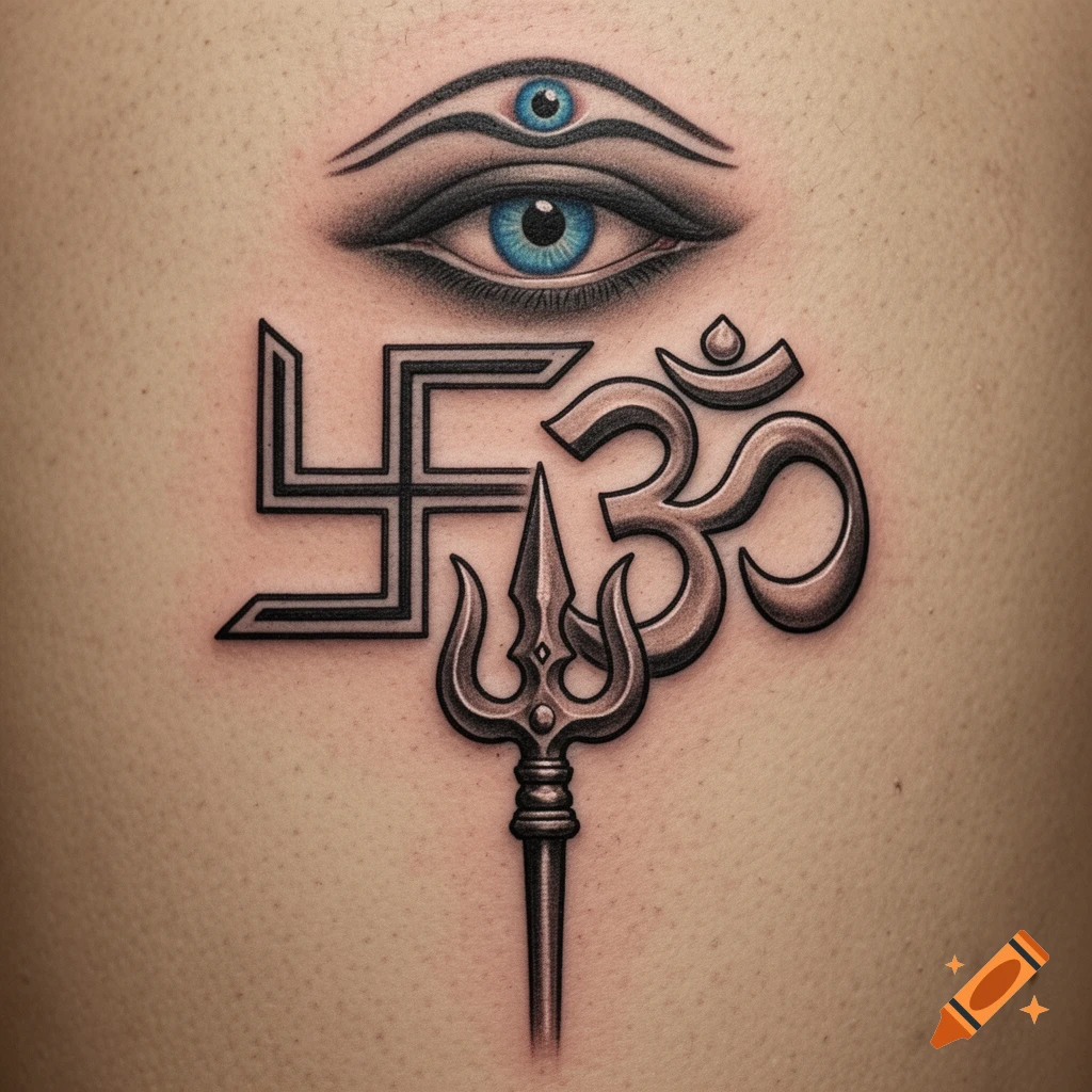 A tattoo featuring a detailed blue eye with a third eye above it, a black outline swastika, a metallic Om symbol, and a trident.