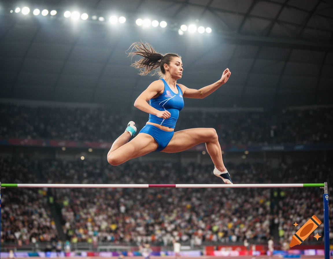 Female high jumper in a blue uniform leaping over a bar in a brightly lit stadium during a competition, photorealistic.