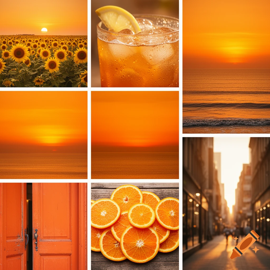 Nine-panel collage with various scenes in orange and yellow: sunflower field, sunset over ocean, orange slices, cocktail, city street, and a door.