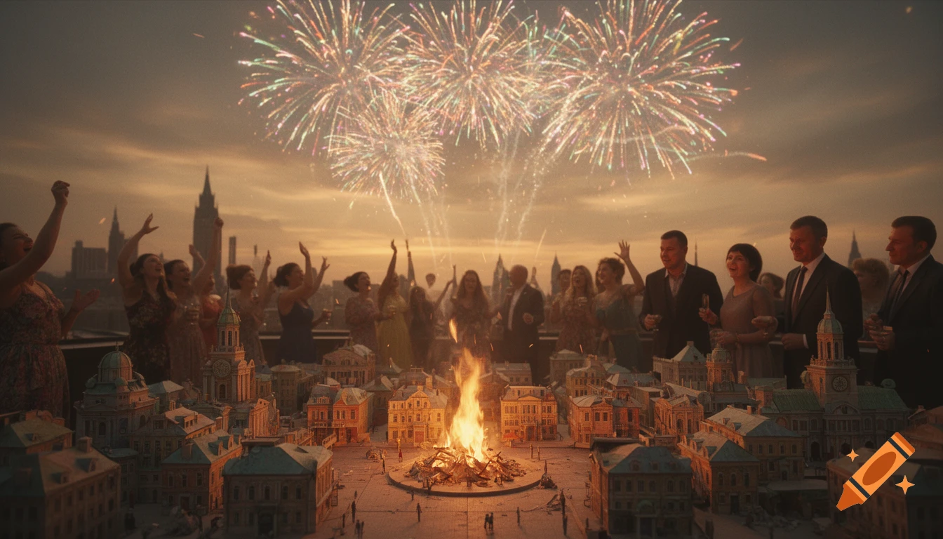 A festive crowd celebrates on a rooftop beneath fireworks, overlooking a miniature city with a bonfire in its square, at sunset.