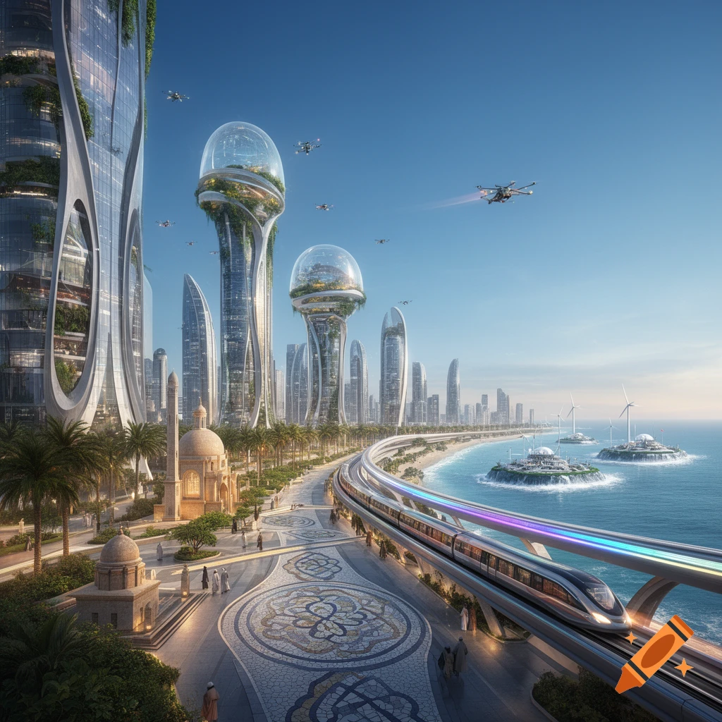A photorealistic futuristic Middle Eastern city by the sea, with green skyscrapers, flying drones, a monorail, and traditional architecture.
