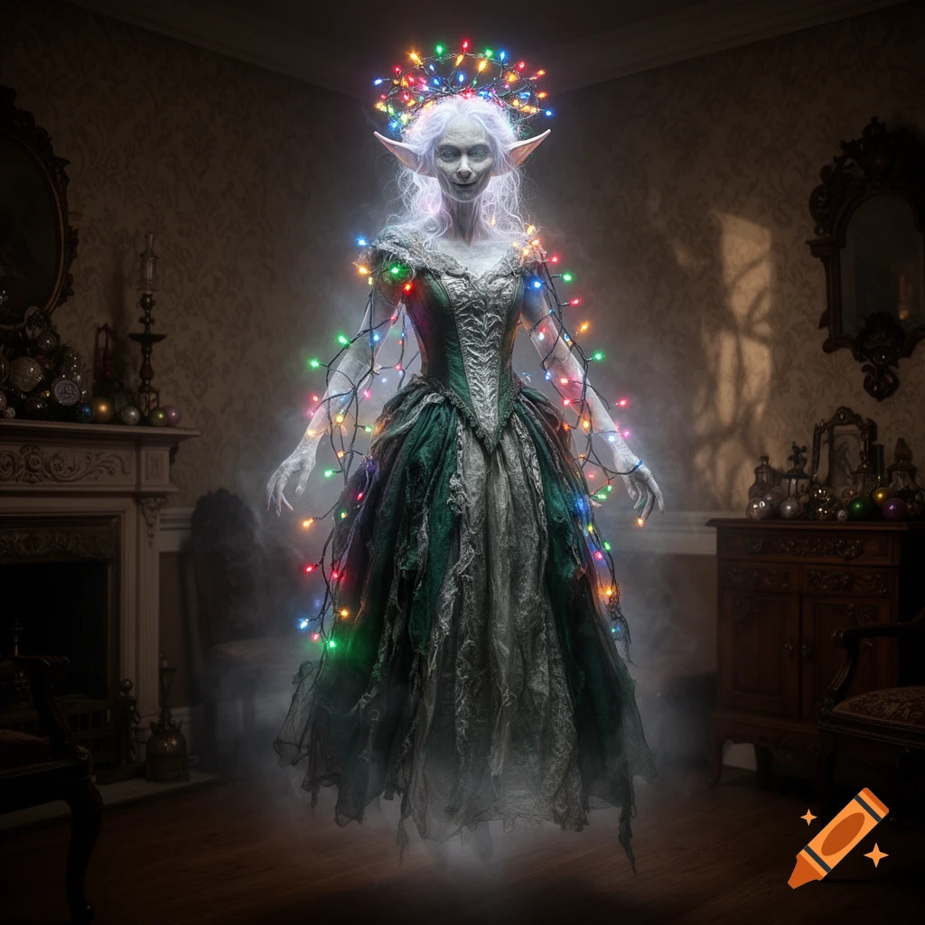 A creepy, pale-skinned goblin elf ghost with long ears and an aged face floats in a dimly lit Victorian room, adorned with colorful Christmas lights.