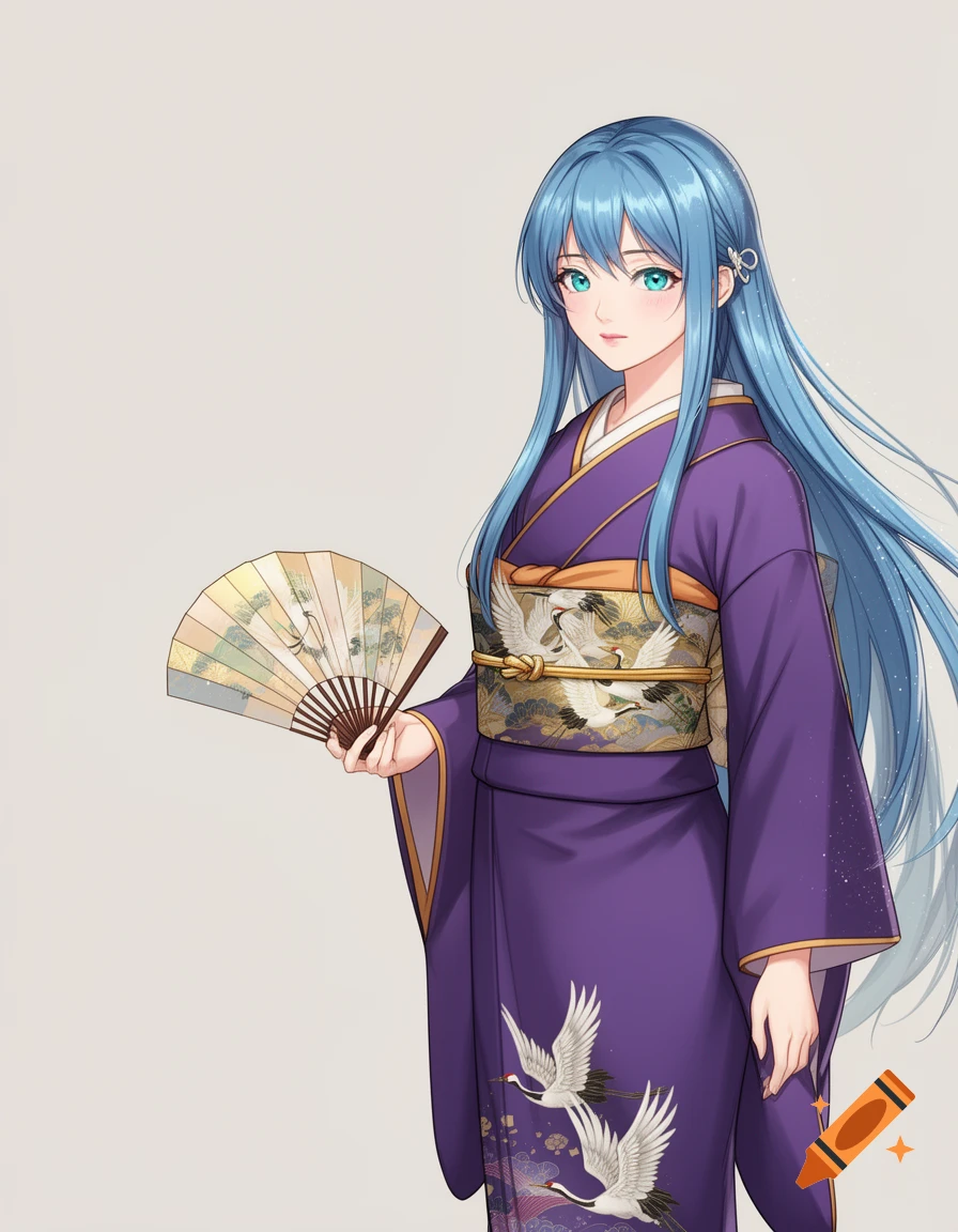 Anime woman with blue hair in a purple kimono with crane patterns, holding a fan.