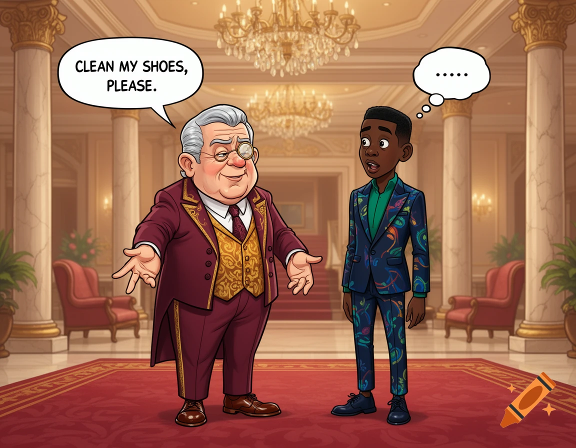 A cartoon of an old white man in a suit asking a confused younger black man in a patterned suit to clean his shoes in a luxurious hotel lobby.