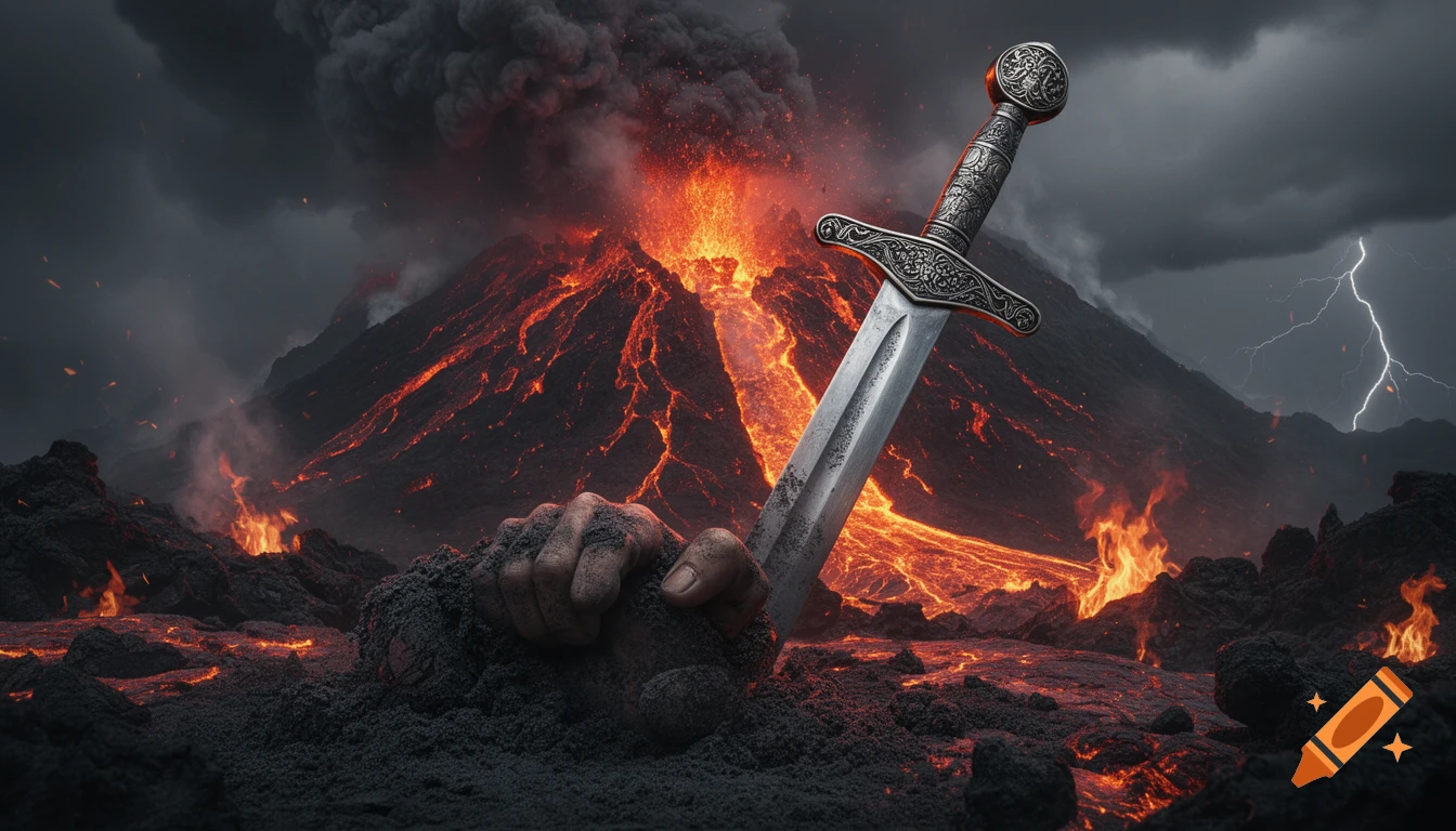 An ancient sword, held by a hand in volcanic ash, stands before an erupting volcano with lava and lightning under a stormy sky.