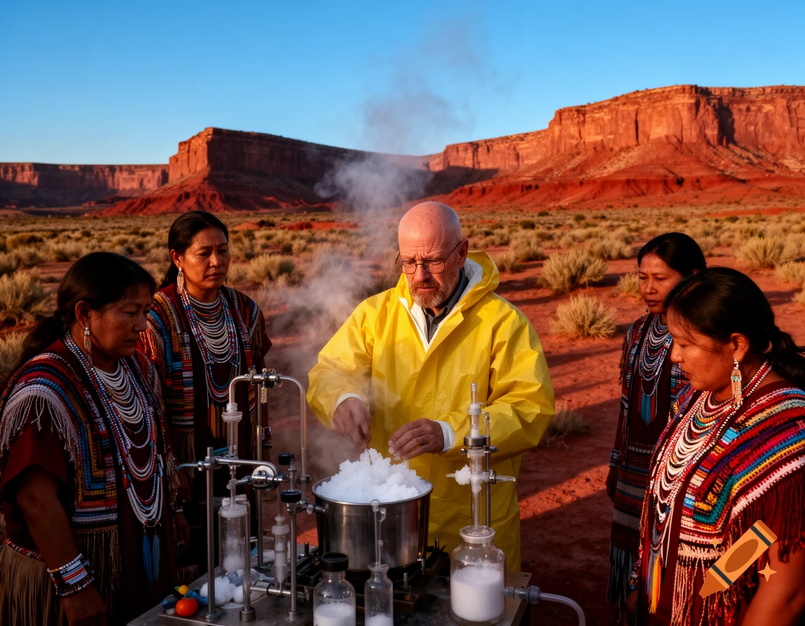 Walter White in a yellow hazmat suit prepares a white substance with chemistry equipment, surrounded by four Indigenous women in traditional attire in a red rock desert at sunset.