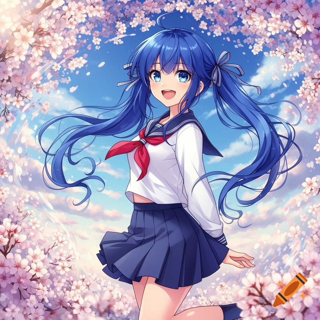 Happy anime girl with blue hair in a school uniform, smiling under cherry blossoms with a blue sky background.