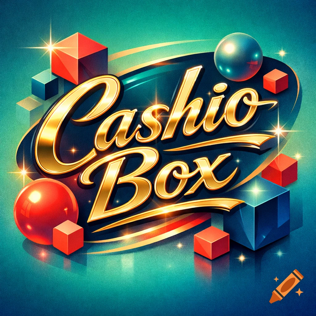 A shiny gold retro-futuristic logo for "Cashio Box" against a dark teal background, surrounded by glowing red and blue geometric shapes and spheres.