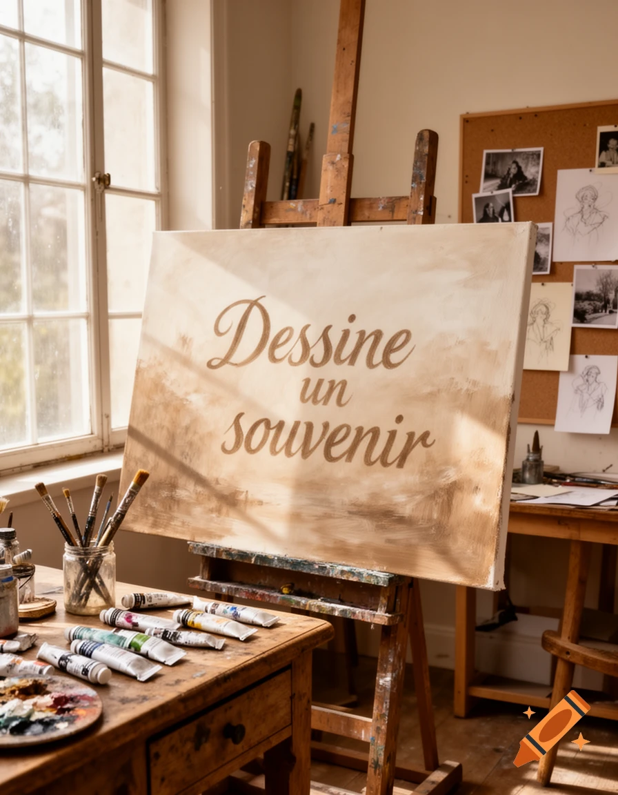 A photorealistic image of an art studio with a canvas on an easel reading 'Dessine un souvenir' and art supplies on a wooden table.