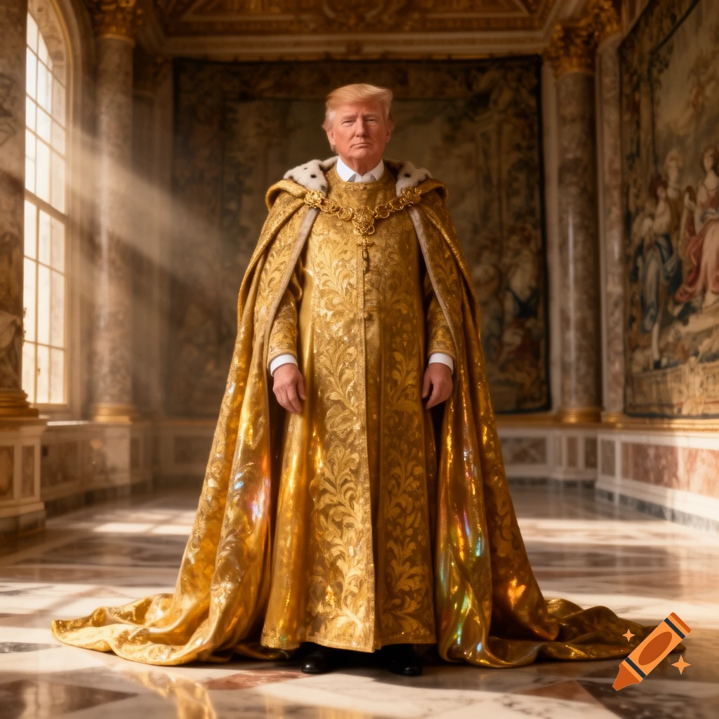 Donald Trump, in an ornate golden emperor's robe, stands regally in a ...