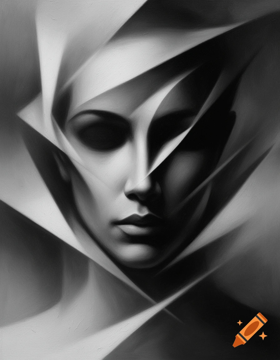 Abstract monochrome portrait of a woman's face composed of sharp, overlapping geometric planes.