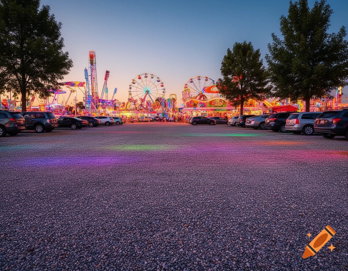 Gravel parking lot reflecting colorful lights from a vibrant carnival with Ferris wheels and rides at dusk, cars parked nearby.