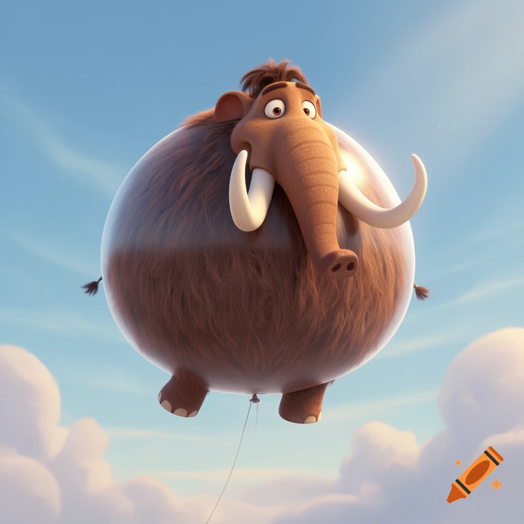 An inflated, spherical cartoon mammoth with brown fur and tusks floats in a blue sky with white clouds.