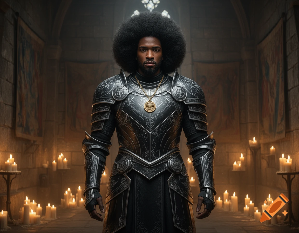 A black man with a large afro, wearing ornate black fantasy armor and a gold medallion, stands in a dark, candlelit stone hall.