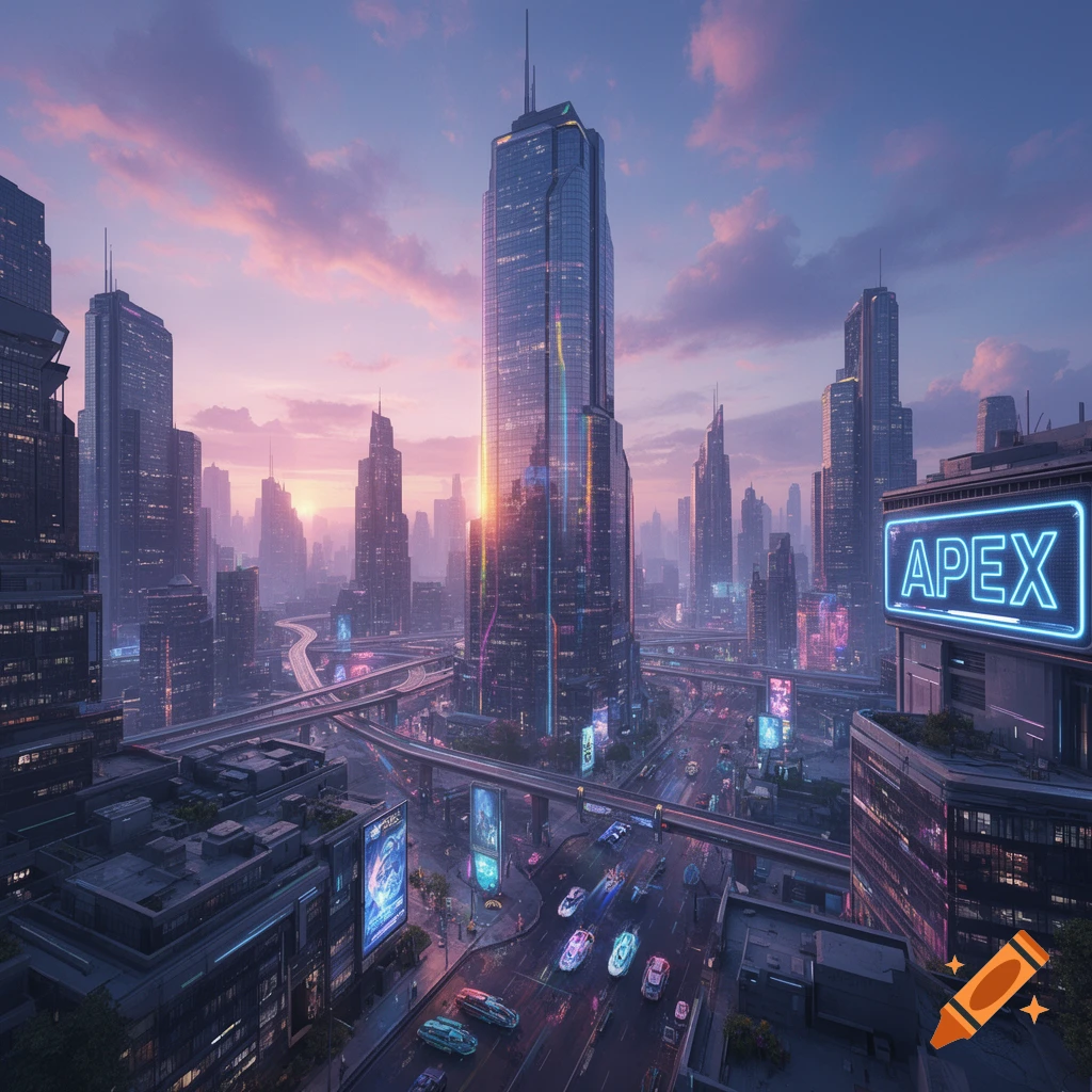 An aerial view of a futuristic city at sunset, featuring towering skyscrapers, elevated highways with neon-lit vehicles, and a prominent "APEX" sign.