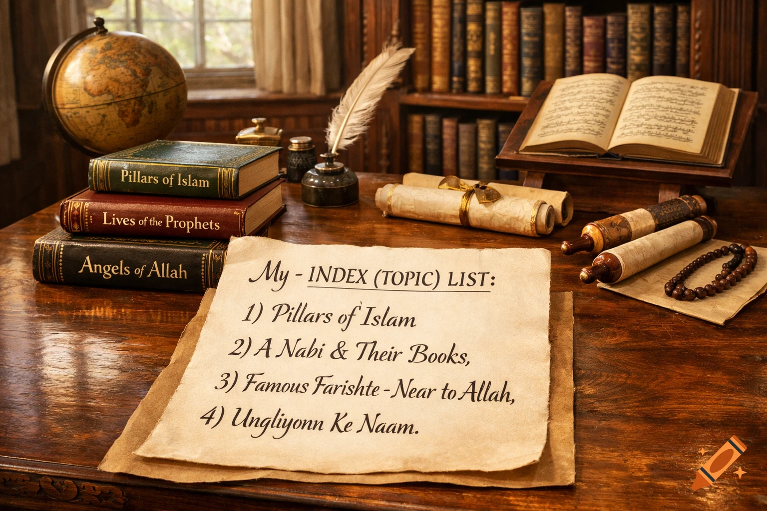 A vintage study desk with religious books, scrolls, a quill, globe, and a handwritten index list on parchment paper.