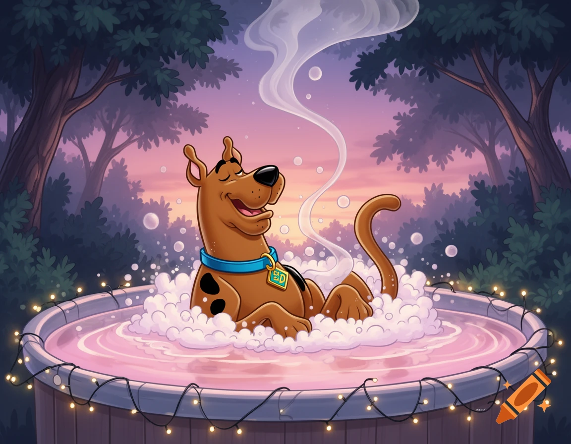 Cartoon Scooby-Doo relaxing in a bubbly pink hot tub with steam, decorated with lights, at twilight.