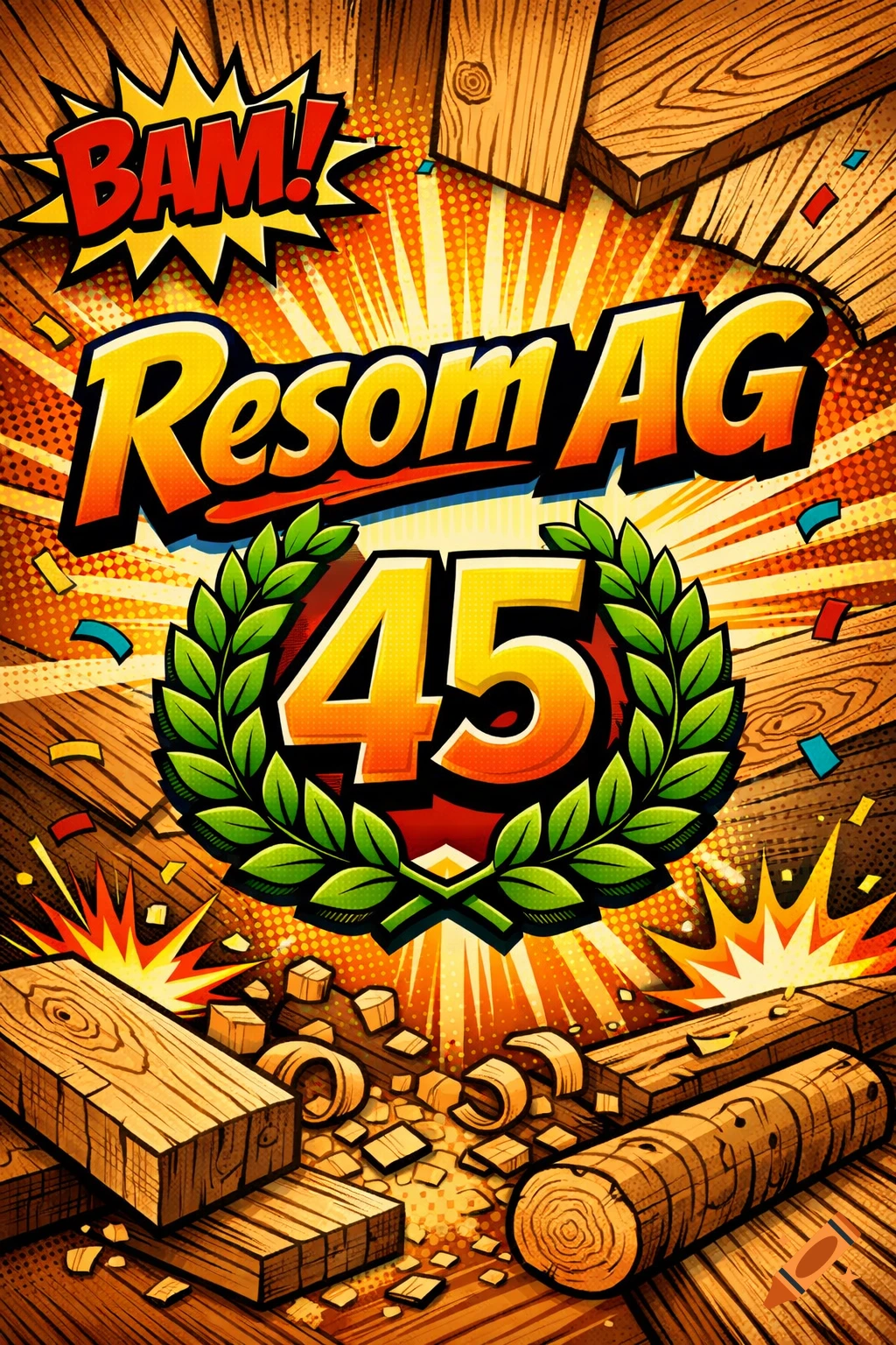 A vibrant comic-style poster for 'ResomAG' with 'BAM!', the number '45' in a wreath, and wood pieces exploding.