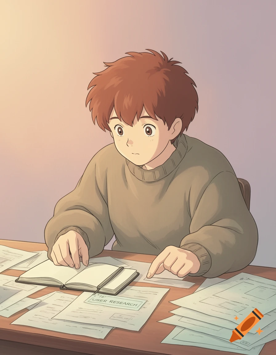 An anime-style boy with brown hair and a beige sweater studies documents, including one labeled "USER RESEARCH", at a wooden desk.