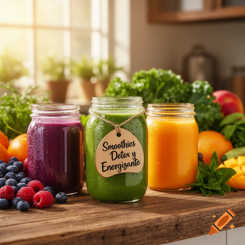 Three colorful fruit and vegetable smoothies in mason jars on a wooden table, surrounded by fresh produce in a sunlit kitchen.