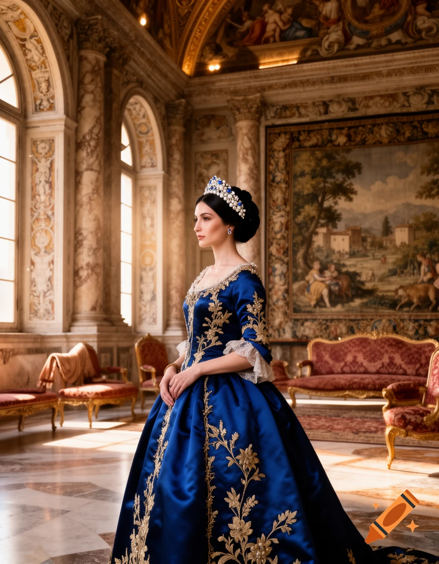 A regal woman in a blue and gold gown with a crown poses in a sunlit, ornate palace hall with large windows.