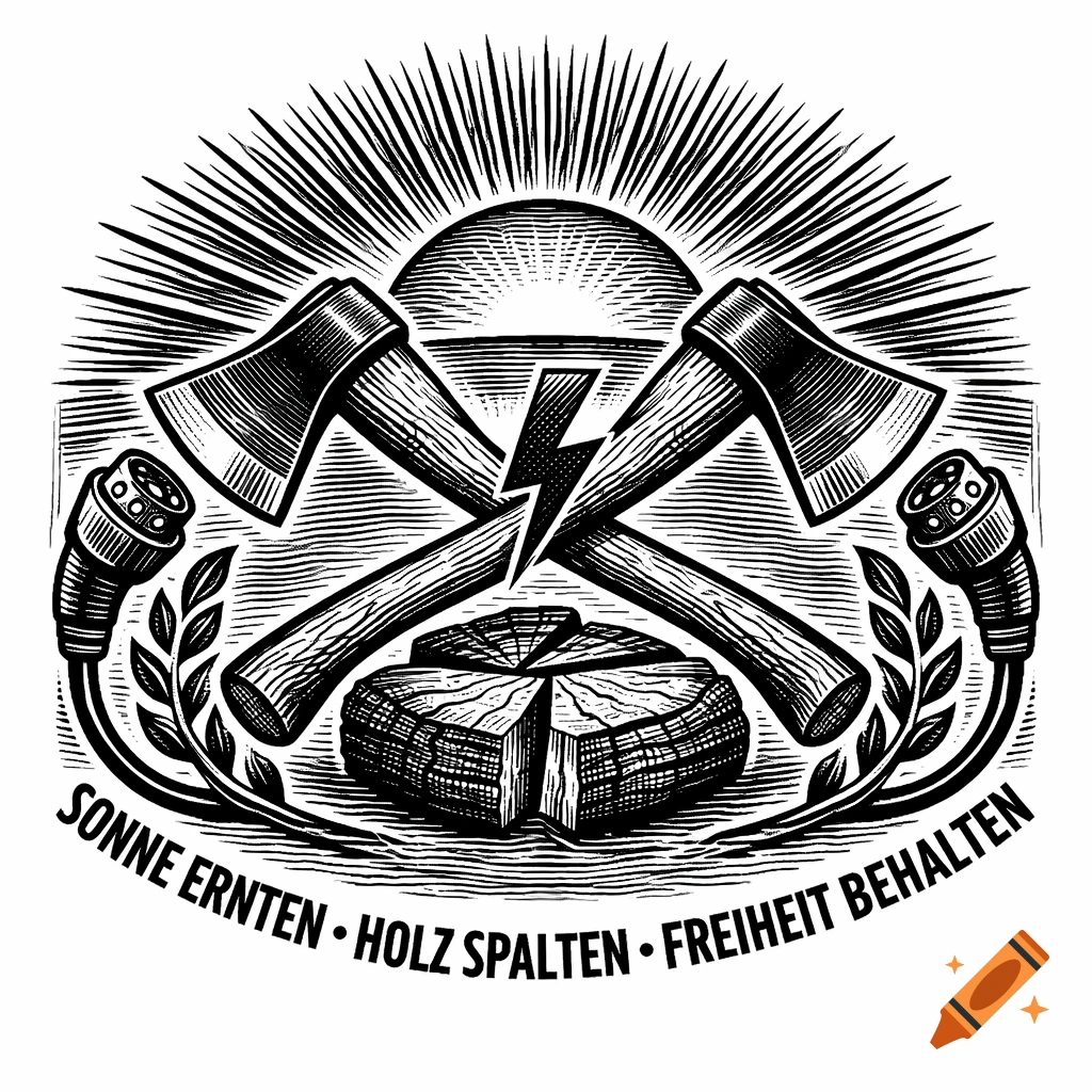Black and white woodcut emblem with crossed axes, a sun, lightning, split wood, and electric plugs, with German text.