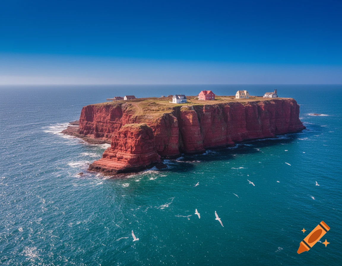 Aerial view of a small island with striking red cliffs, houses atop, surrounded by blue-green sea under a clear sky, with gulls flying.