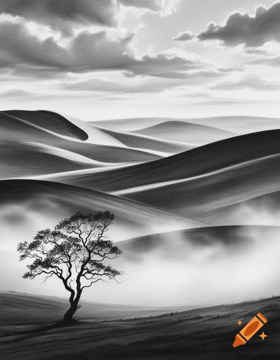 A black and white drawing of a lone tree on rolling hills with a cloudy sky.