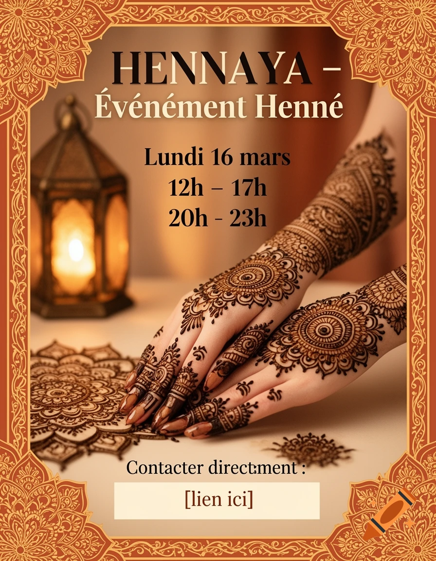 A vibrant Moroccan-style event poster for Hennaya, featuring hands adorned with intricate henna designs, a glowing lantern, and ornate borders.