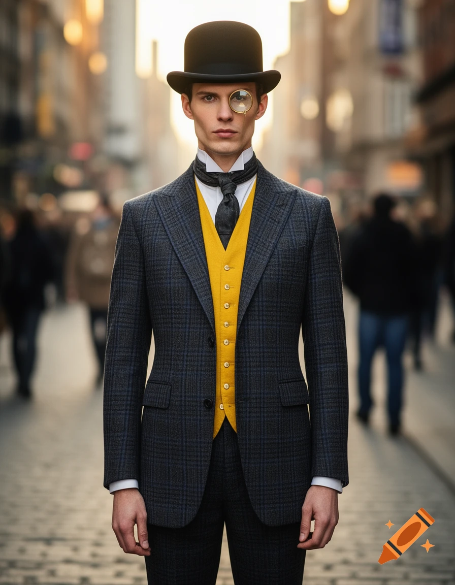 A man in a grey plaid suit, yellow waistcoat, black tie, and bowler hat, wearing a monocle, stands on a cobblestone street.