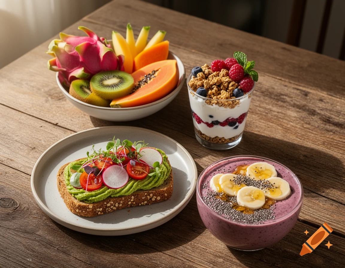 Healthy breakfast spread on a wooden table with avocado toast, fruit bowl, yogurt parfait, and a berry smoothie bowl.
