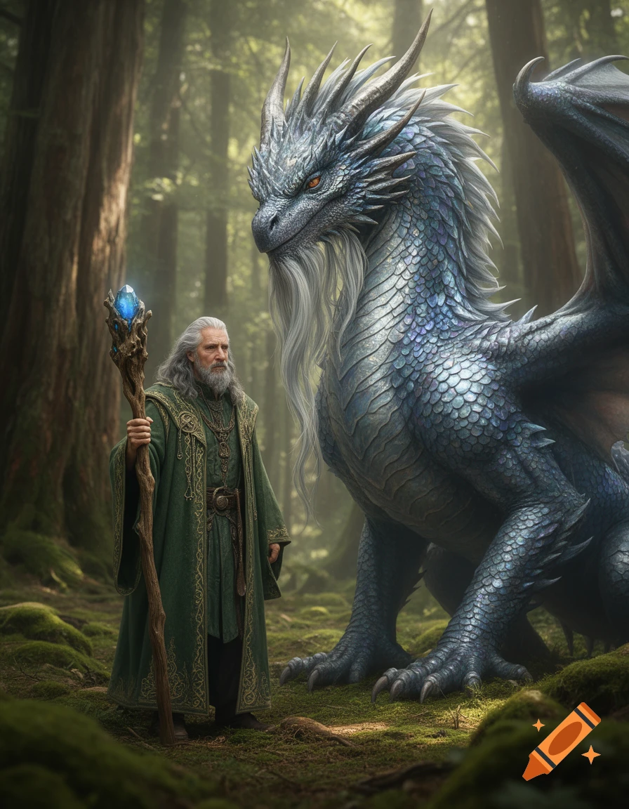 A wise wizard with a glowing staff stands beside a majestic blue dragon with a long white beard in a mossy forest.