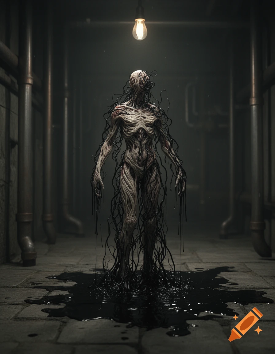 A disfigured, sinewy human-like being with black tendrils stands in a dark, pipe-filled room, dripping black liquid onto the floor under a single bare lightbulb.