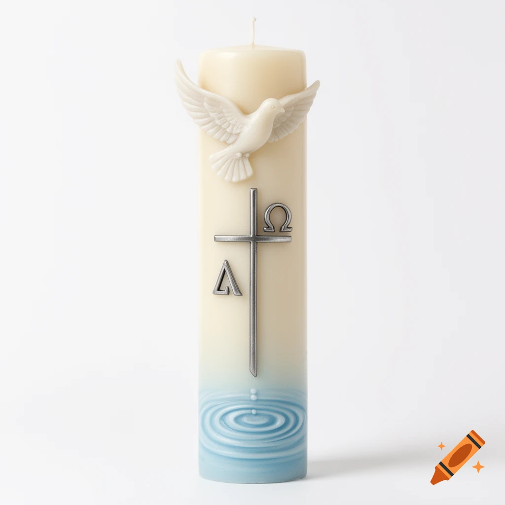 A white communion candle decorated with a white dove, a silver cross with Greek letters, and blue water ripples at the base.