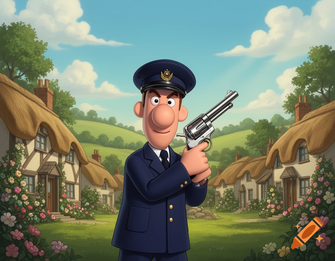 Cartoon Postman Pat in uniform holds a revolver in an idyllic village setting.