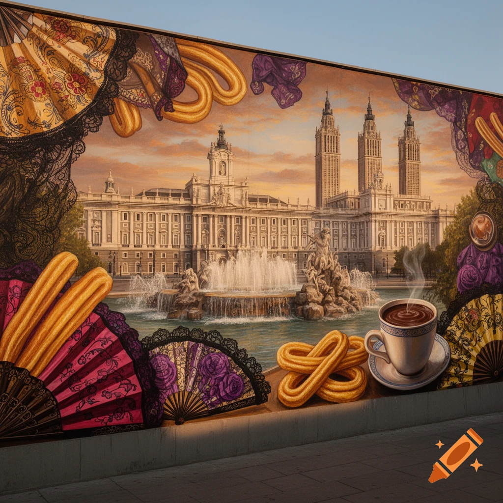 A vibrant mural featuring Madrid's Palacio de Cibeles, Torres Blancas, with Spanish fans, churros, and hot chocolate in the foreground.