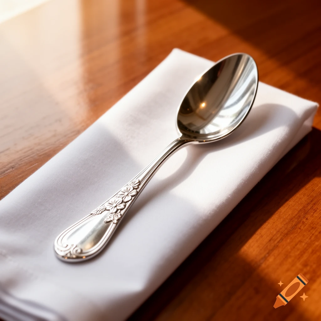 A silver spoon with an ornate handle rests on a white folded napkin, set on a wooden table.
